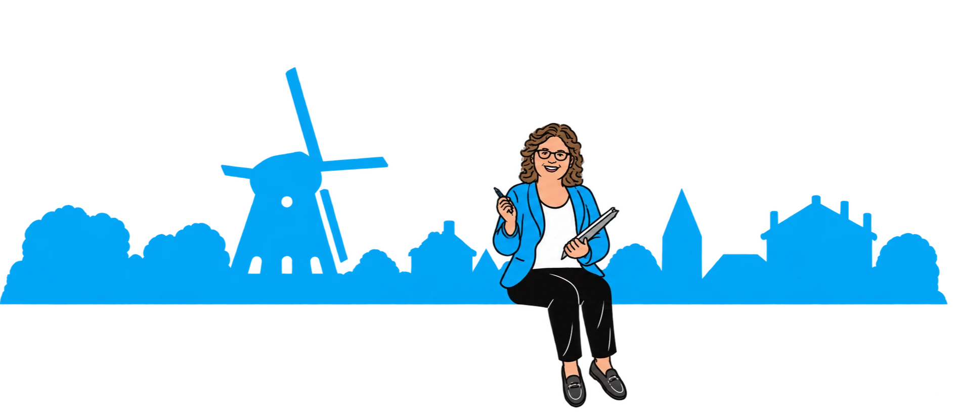 Illustratie van Karin van der Willigen in het landschap van Tienhoven met windmolen